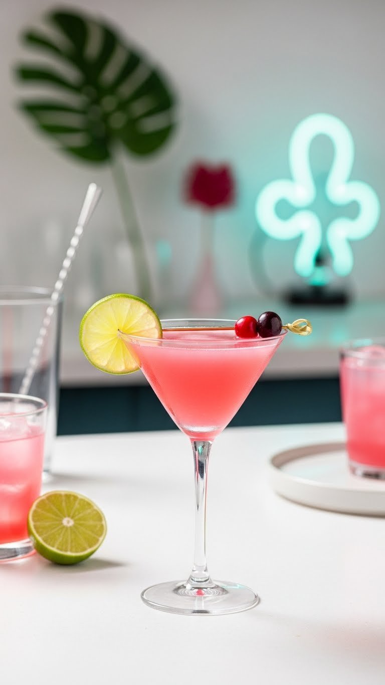 Vibrant pink Woo Woo cocktail in martini glass with lime garnish on minimalist white bar top