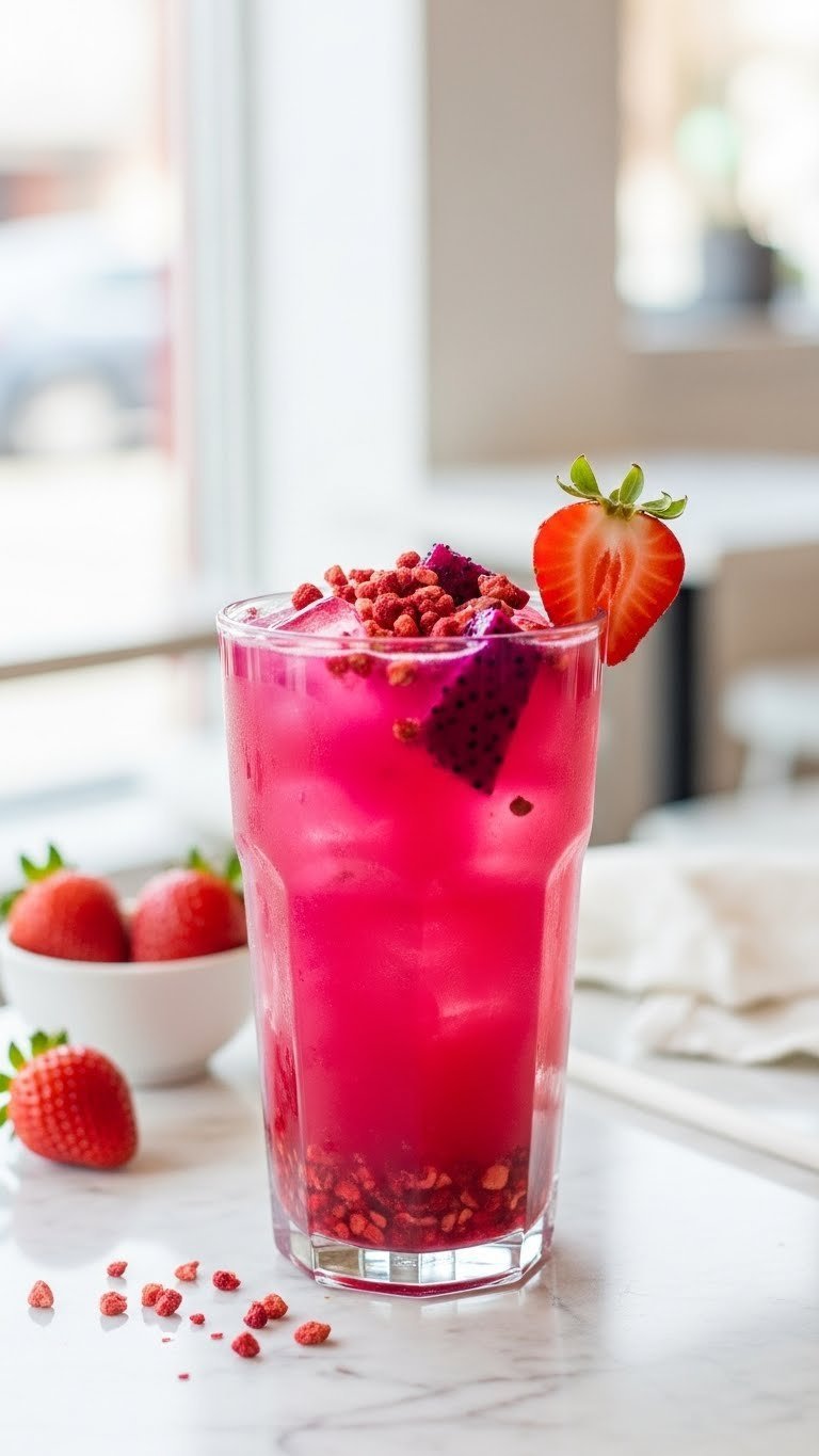 Vibrant pink drink with freeze-dried strawberries and dragon fruit pieces in clear cup on white marble surface.