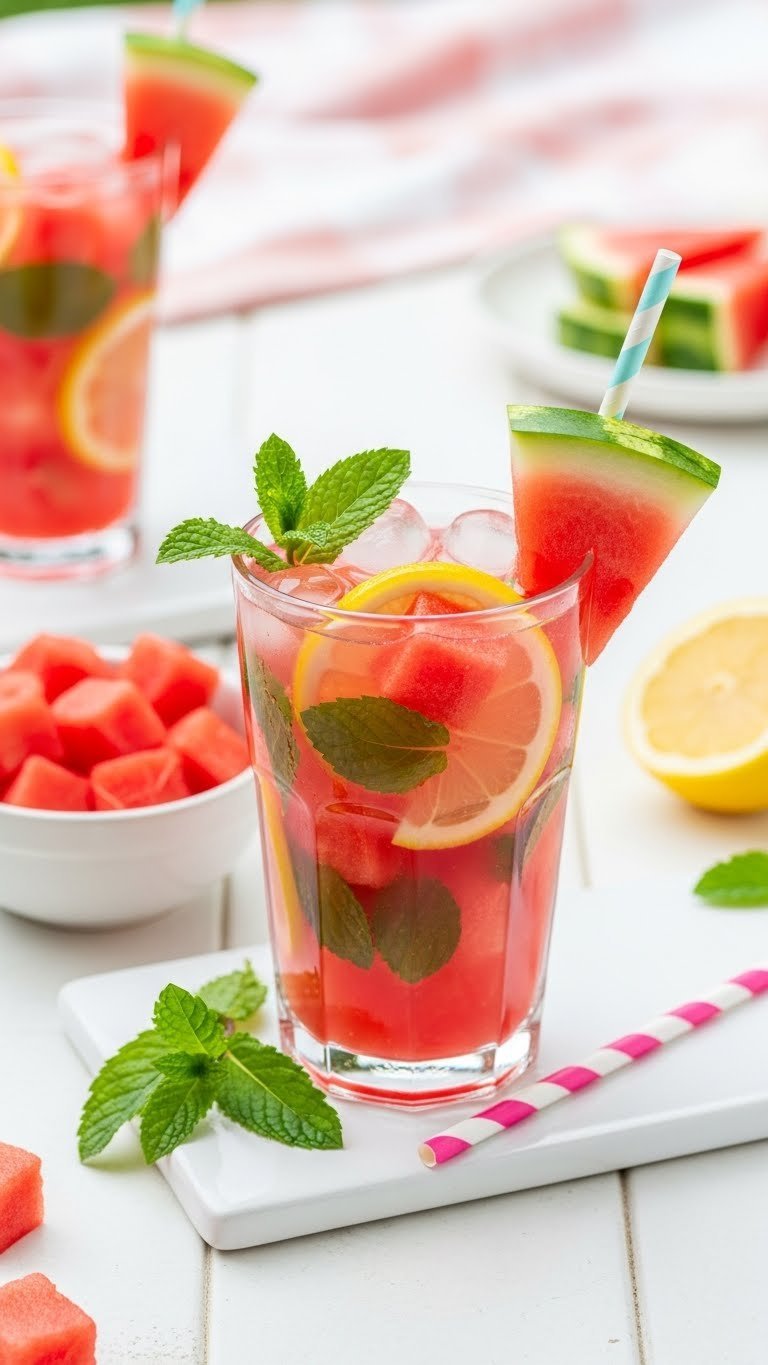 Vibrant pink watermelon mint lemonade in tall glass with fresh watermelon chunks, mint leaves, and lemon slices on white ceramic tile