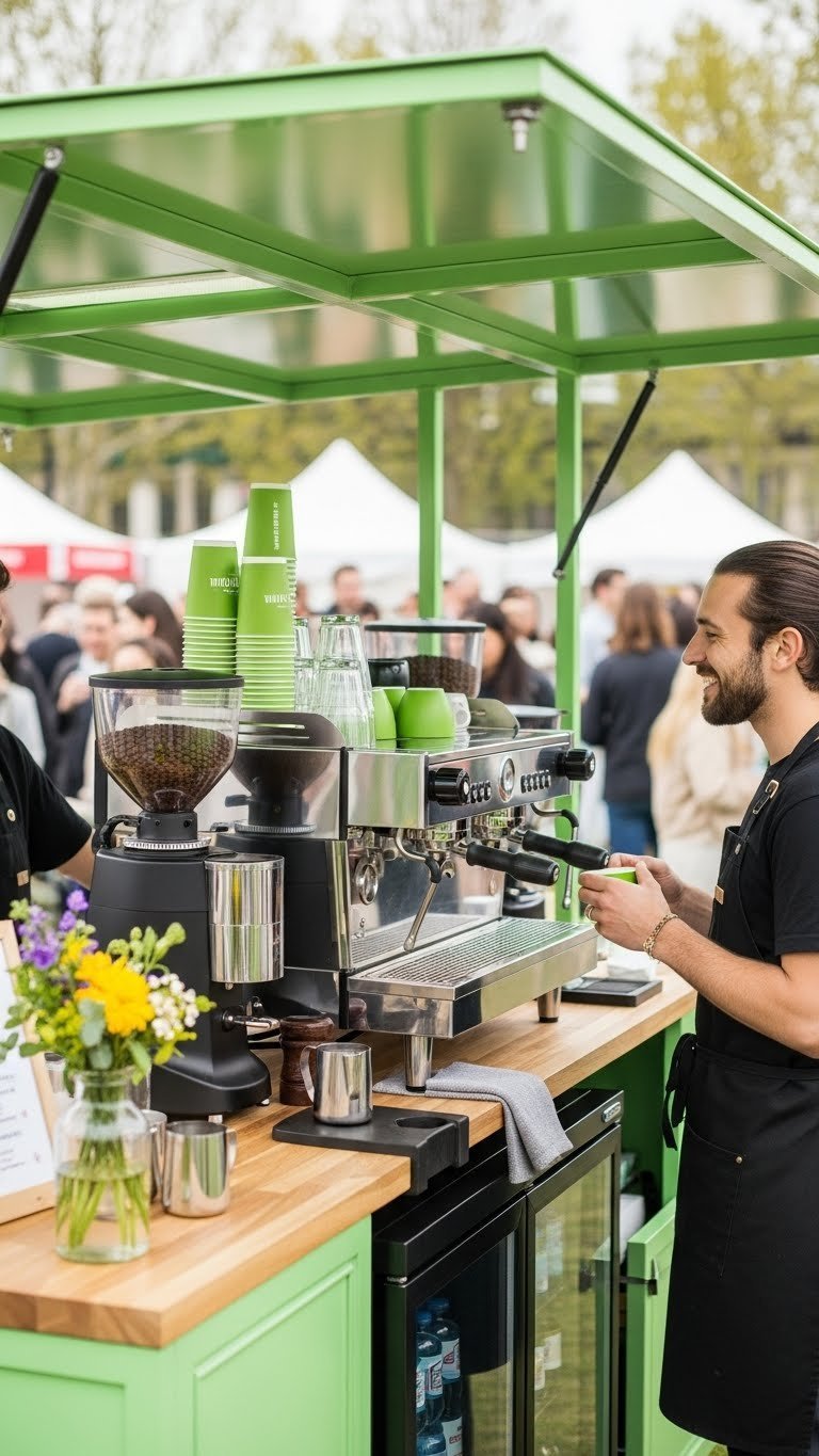 Vibrant pop-up mobile coffee unit at outdoor event with professional espresso machine and happy customers in background.