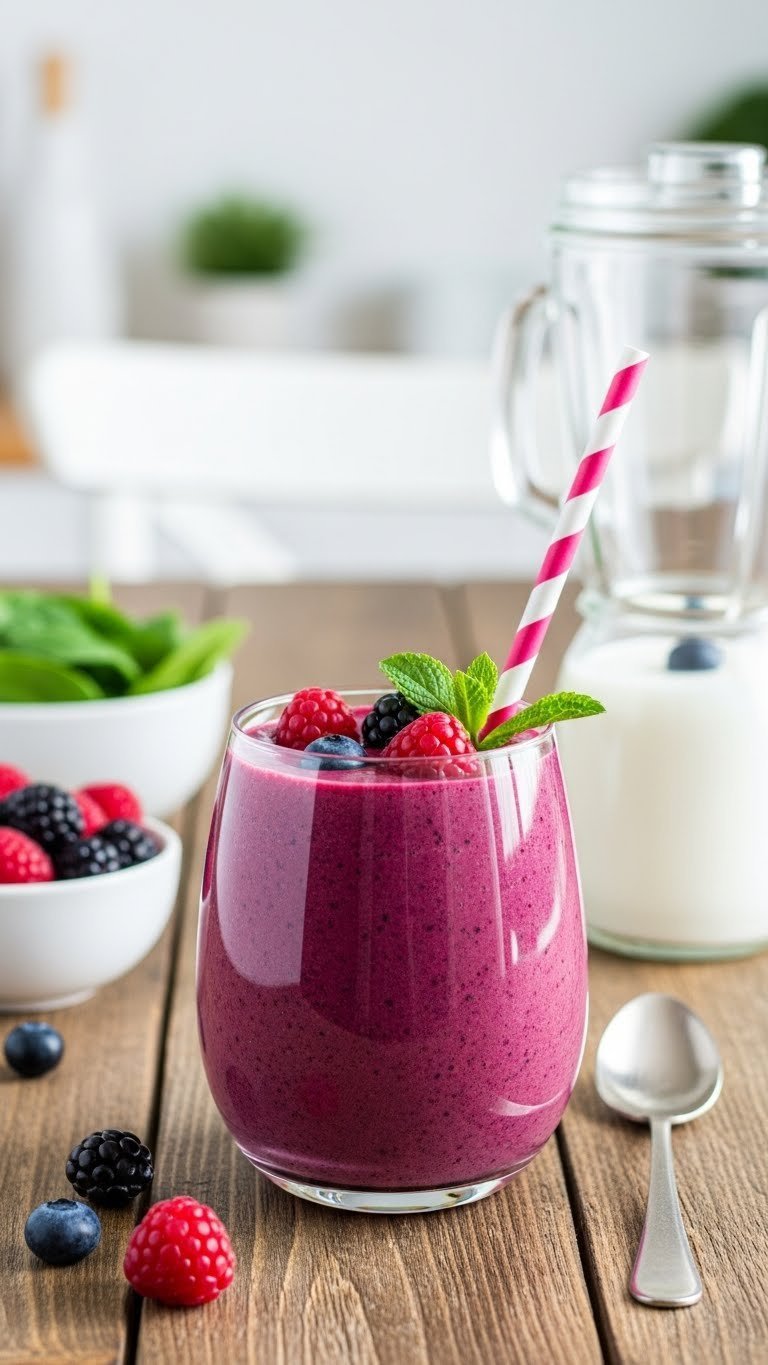 Vibrant purple berry blast smoothie in clear glass with fresh berries and mint garnish on rustic wooden table