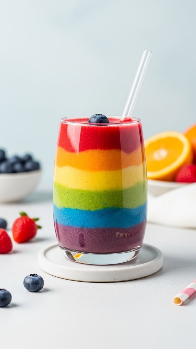 Vibrant rainbow layered smoothie in clear glass showcasing colorful layers with fresh blueberries on white ceramic coaster
