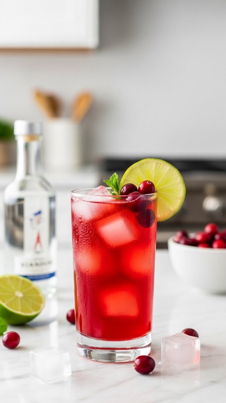 Vibrant red vodka cranberry cocktail with fresh lime wedge and floating cranberries on white marble countertop
