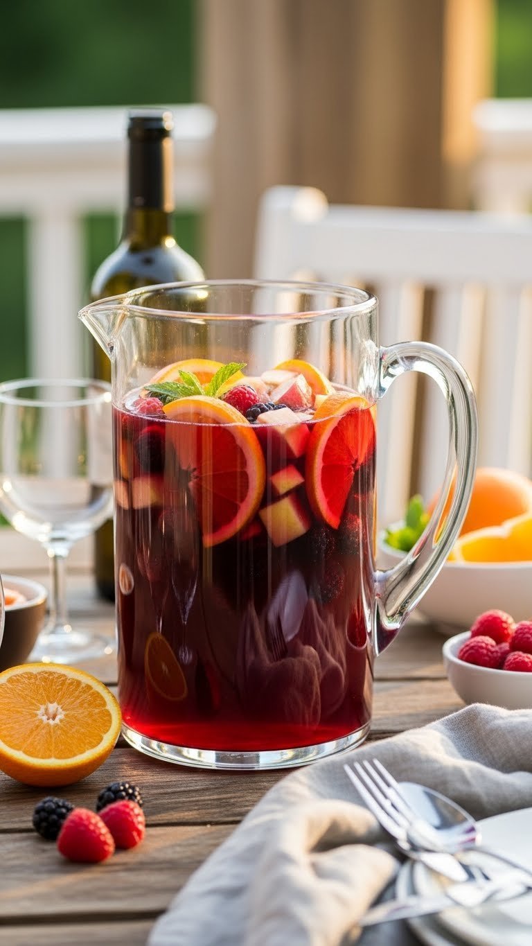 Vibrant red wine sangria pitcher filled with colorful sliced fruit on rustic wooden table for summer gatherings