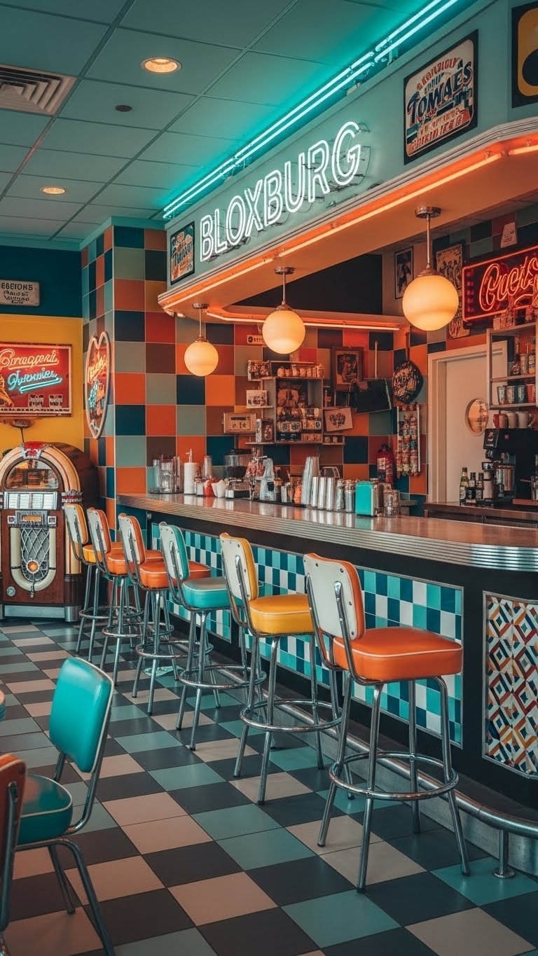 Vibrant retro coffee spot in Bloxburg with bold patterns, colorful furniture, and bright energetic lighting