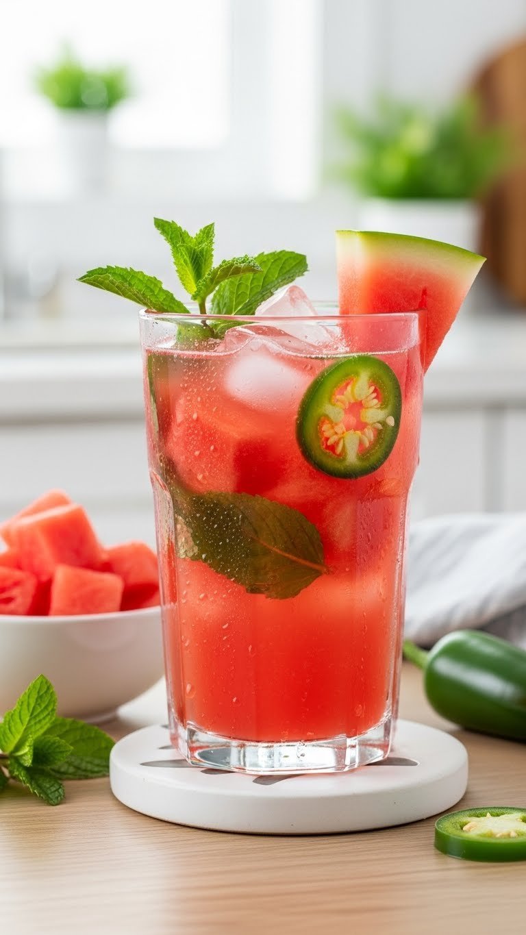 Vibrant rosy-pink spicy watermelon mint refresher with watermelon chunks and mint leaves in tall glass