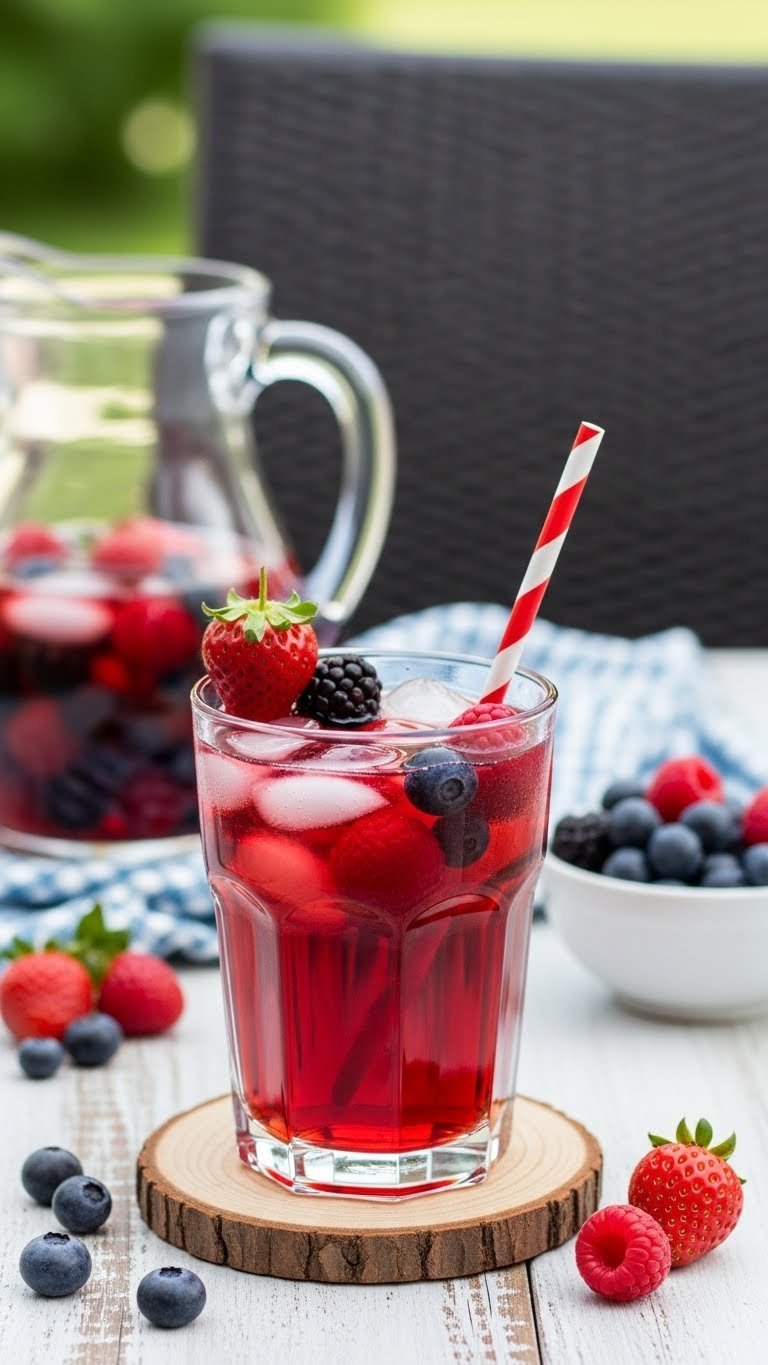 Vibrant ruby red berry iced tea with mixed berries floating in ice-filled glass on white wooden surface