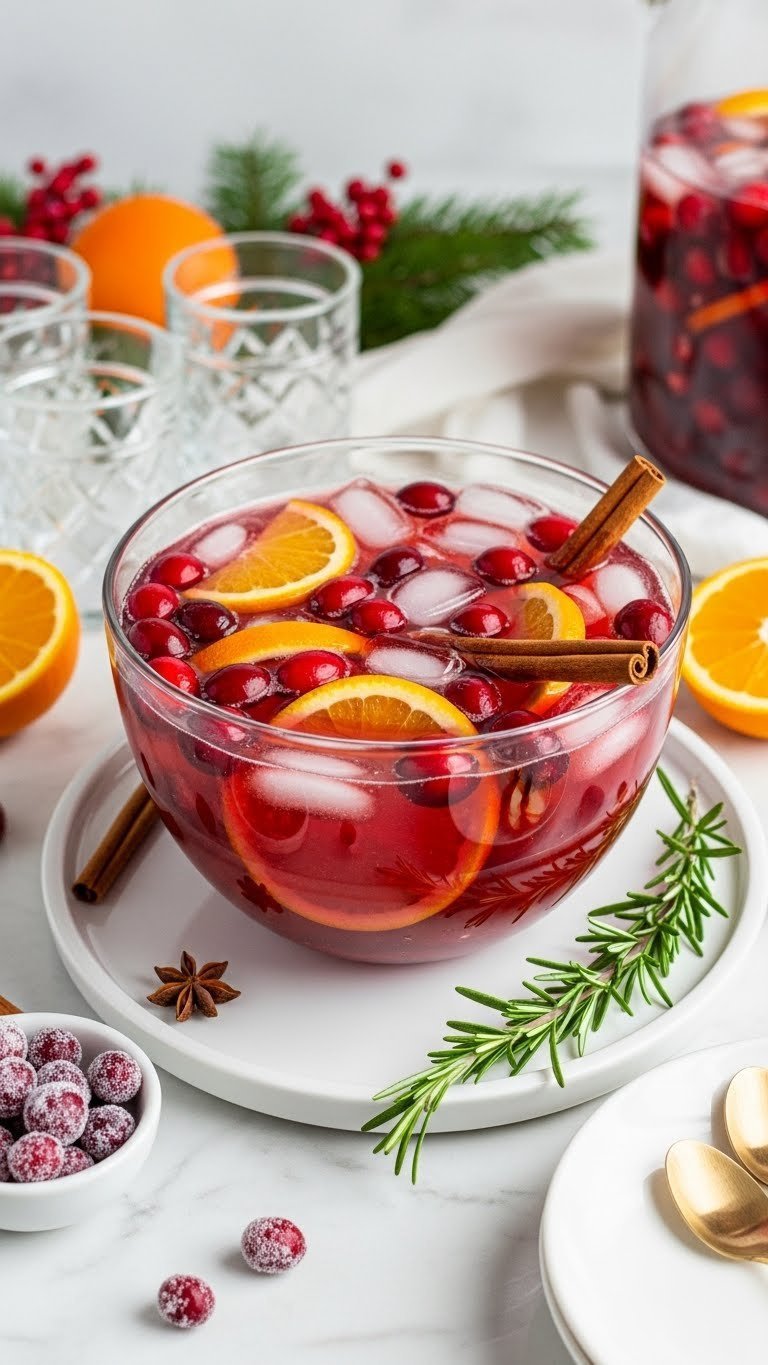 Vibrant spiced cranberry orange punch in glass bowl with floating fruit slices and cinnamon sticks