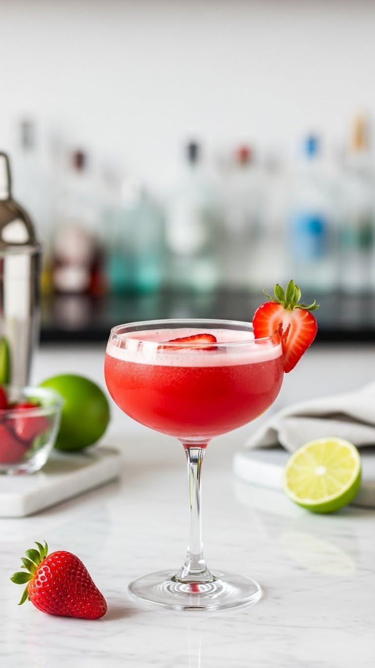 Vibrant strawberry daiquiri in coupe glass with fresh strawberry slice garnish on marble countertop