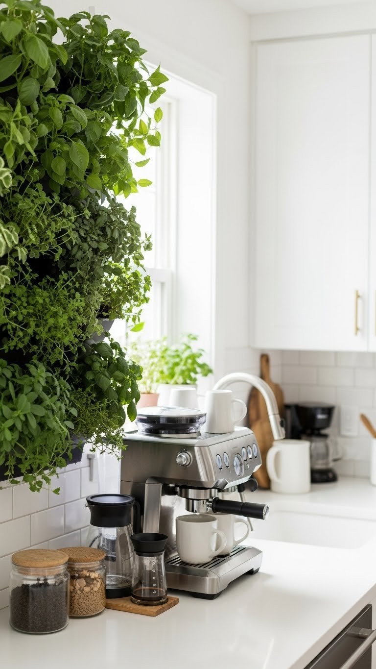 Vibrant vertical herb garden coffee bar with lush green foliage above sleek espresso machine on white countertop