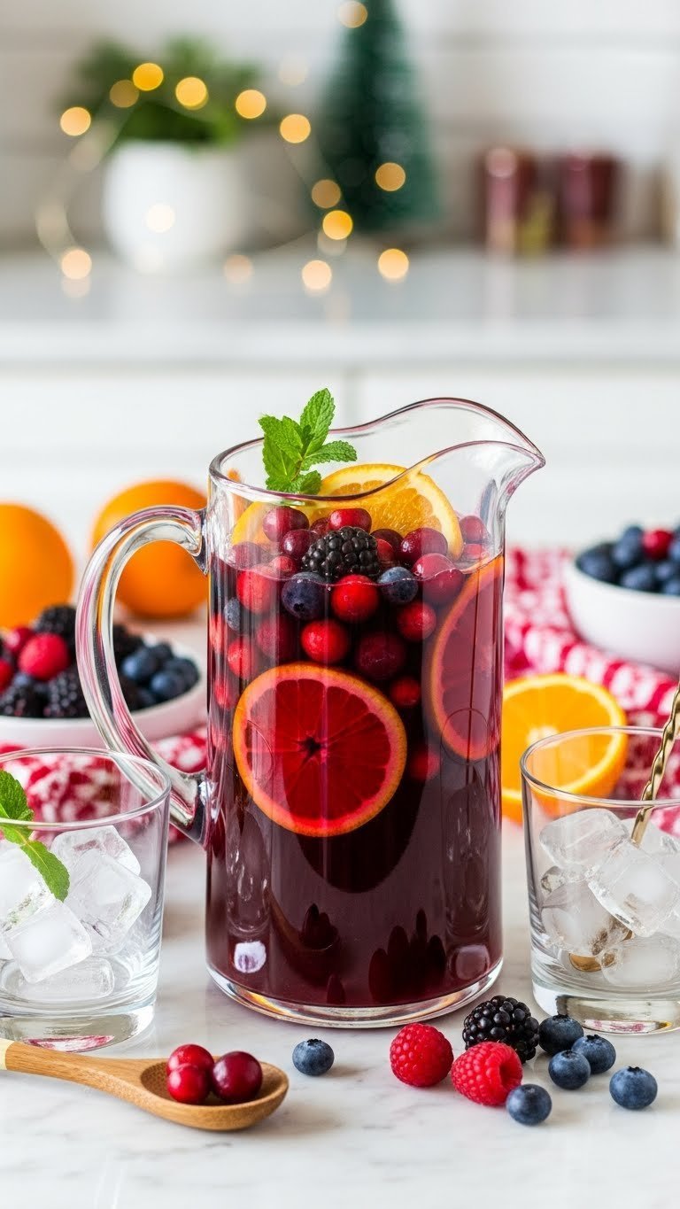 Vibrant winter berry sangria mocktail in clear pitcher filled with mixed berries and orange slices on marble countertop