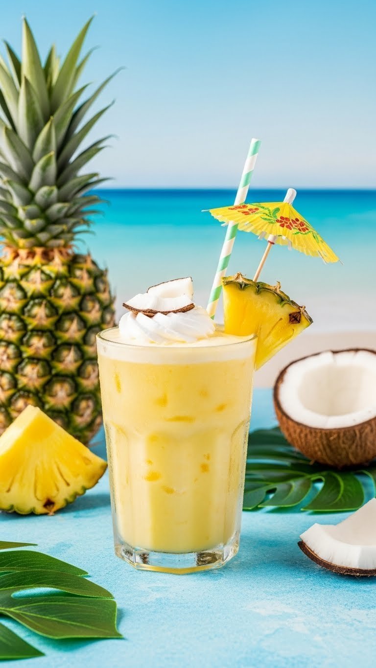 Vibrant yellow Pineapple Coconut Refresher in frosted glass with coconut cream and pineapple wedge on beach-themed surface