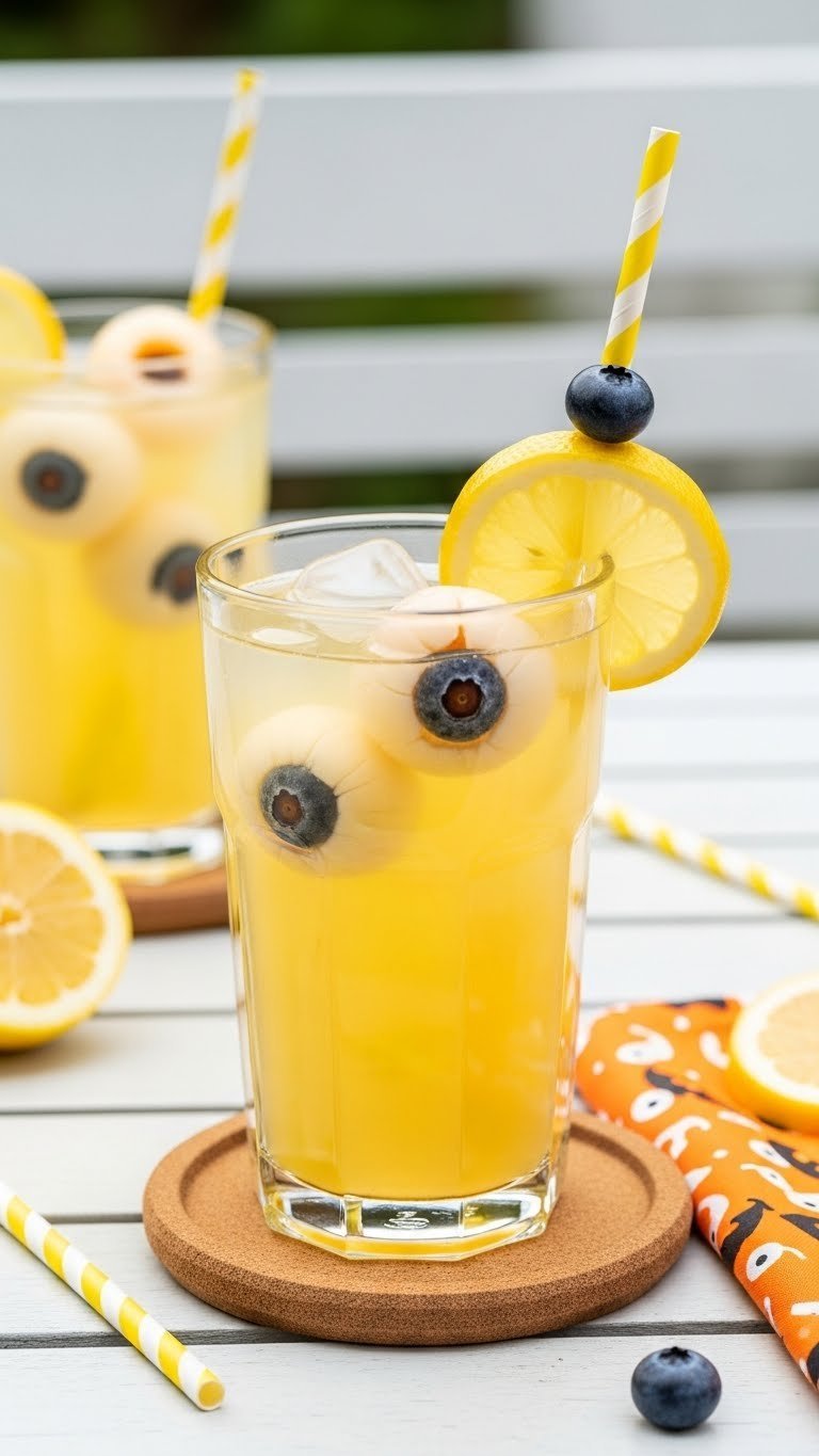 Vibrant yellow lemonade with floating lychee eyeballs featuring blueberry centers creating spooky effect