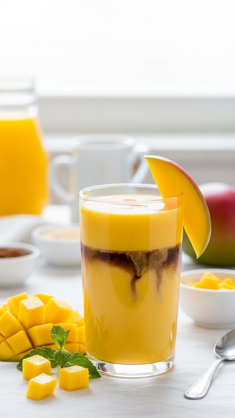 Vibrant yellow-orange mango coffee smoothie in clear glass with mango slice garnish