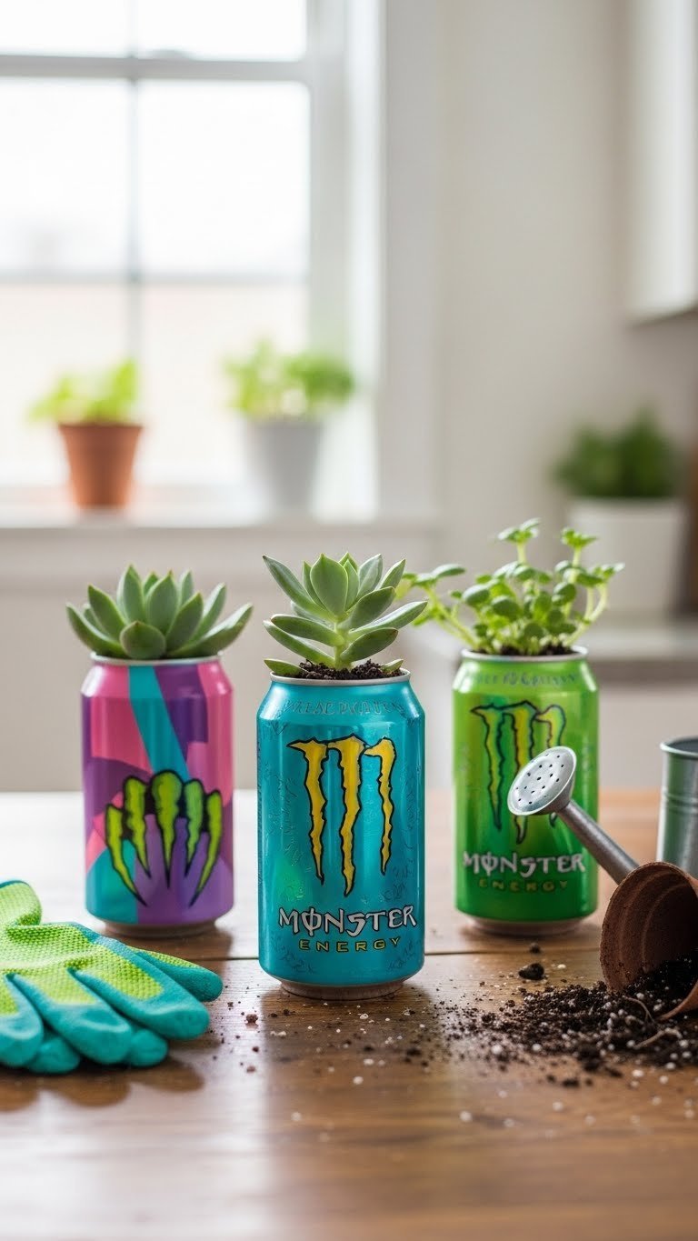 Vibrantly painted Monster Energy cans repurposed as succulent planters on rustic wooden table with soft bokeh background and gardening accessories.