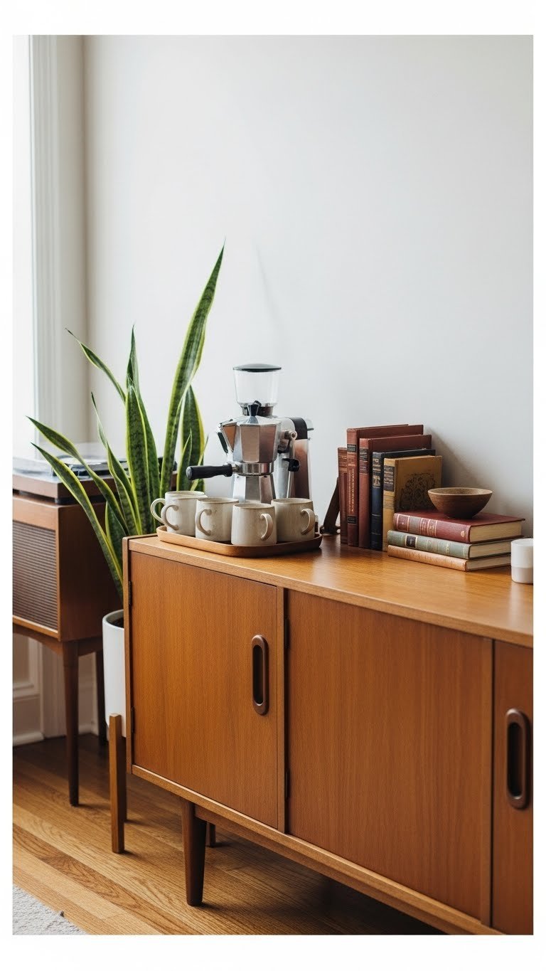 Vintage 70s coffee bar with mid-century modern credenza featuring espresso maker and ceramic mugs in warm earth tones.