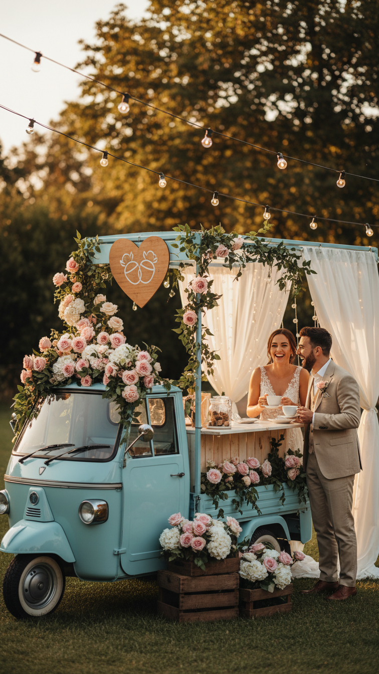 Vintage blue Piaggio Ape coffee cart serving as wedding photo booth in lush garden reception