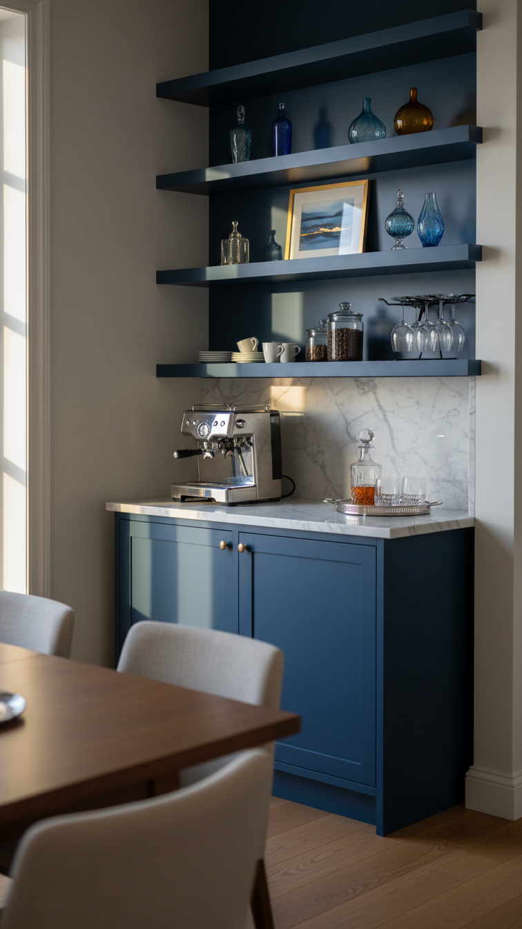 Vintage buffet cabinet transformed into coffee bar with marble top and dark blue built-in shelving
