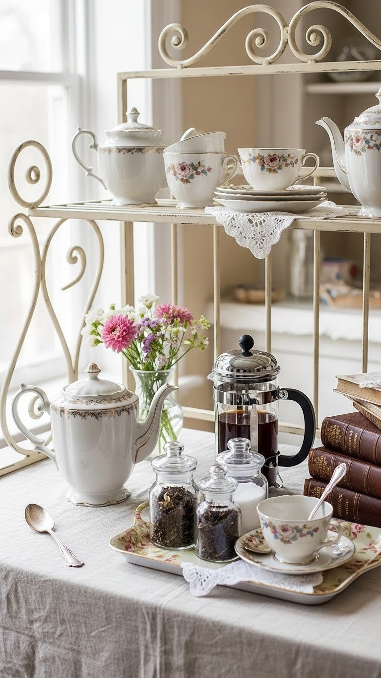 Vintage charm tea station with ornate bakers rack featuring antique teapot and porcelain teacups in soft natural lighting