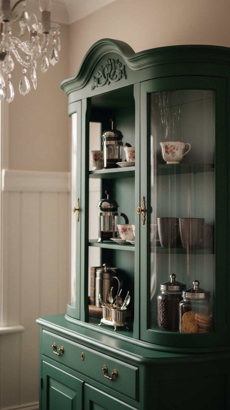 Vintage china cabinet repurposed as elegant coffee bar in deep navy blue with ornate wood details and fine china