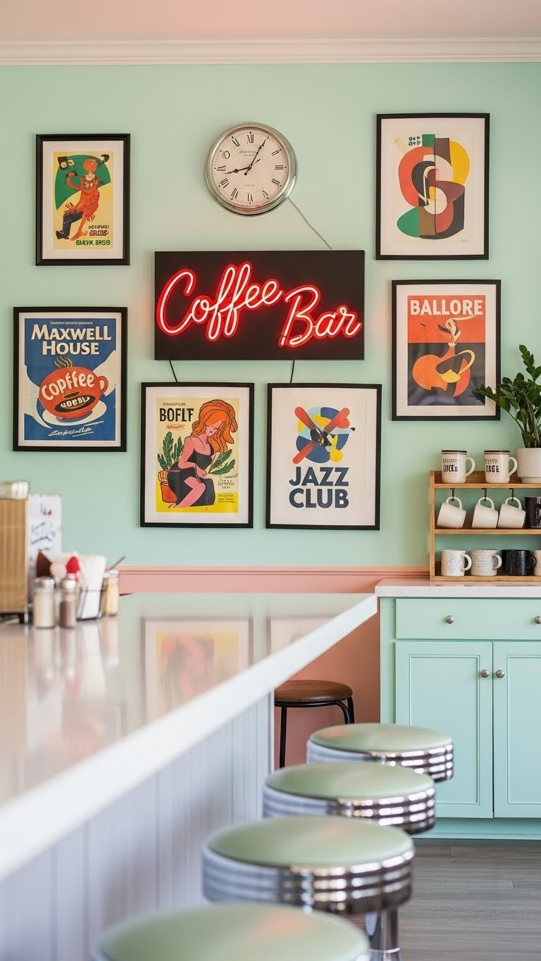 Vintage coffee bar signage with neon script sign and framed 1950s advertisements on pastel-colored accent wall.