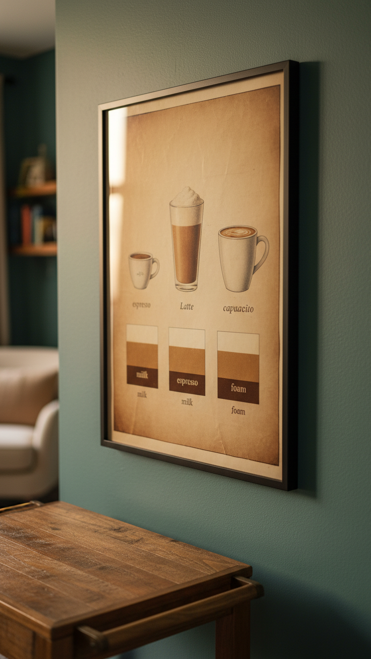 Vintage coffee chart poster in black frame hanging on dark teal wall with rustic bar cart