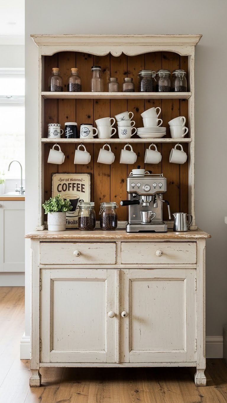 Vintage coffee station with antique wooden hutch displaying ceramic mugs and espresso machine in warm natural lighting
