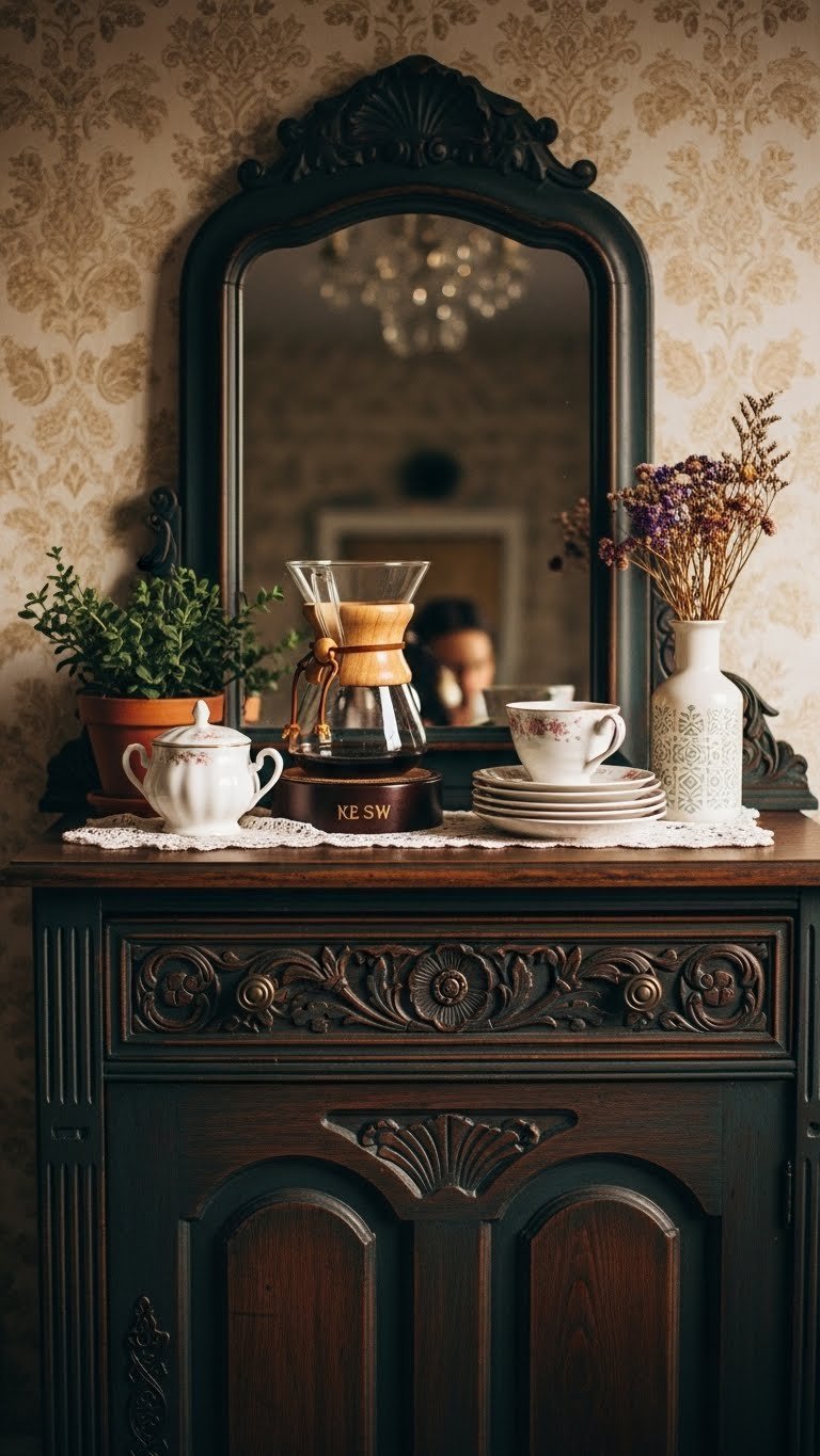 Vintage dresser painted deep teal transformed into Victorian coffee bar with ceramic pour-over, antique saucers, and dried flowers