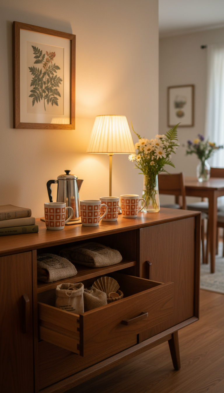Vintage dresser repurposed as coffee bar with mid-century walnut sideboard holding retro percolator