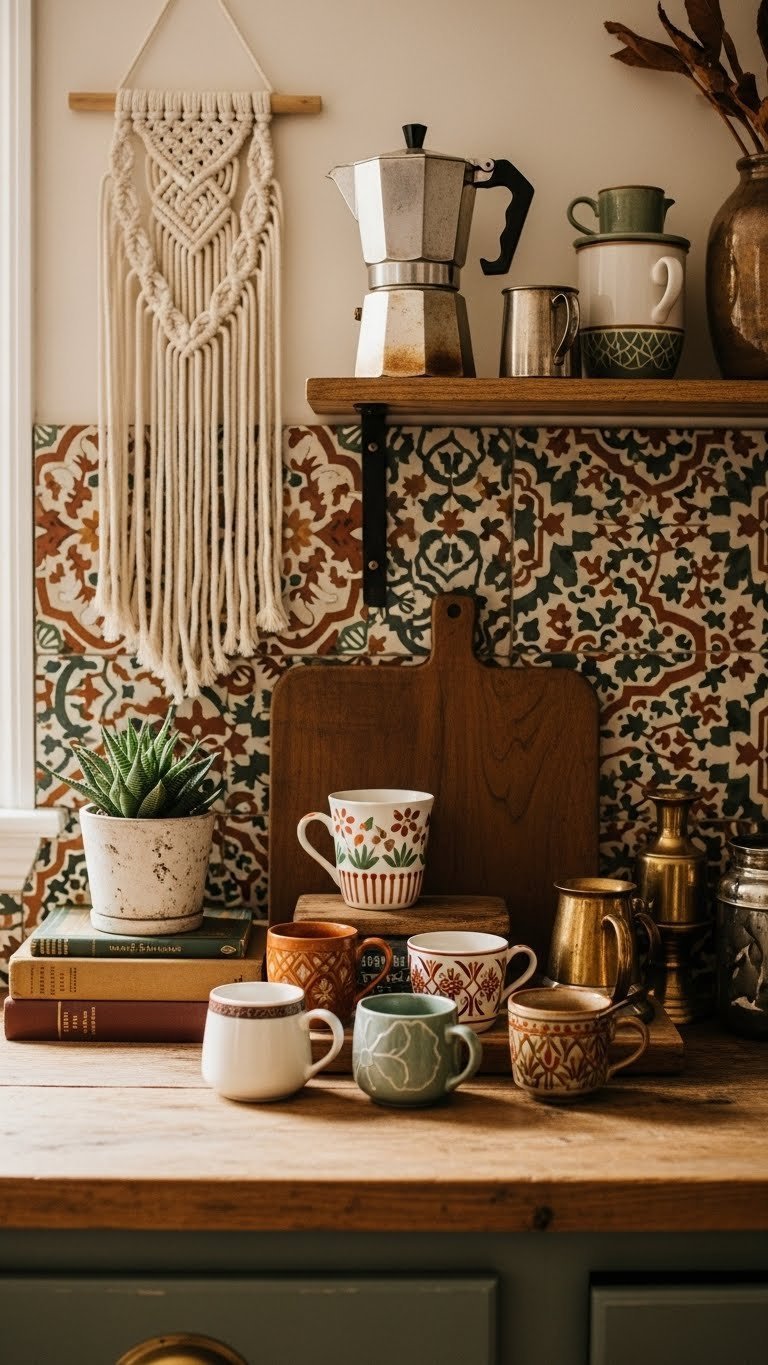 Vintage global nomad coffee bar with Moroccan tiles, antique ceramic mugs, and rustic wooden shelf holding vintage percolator on distressed countertop.