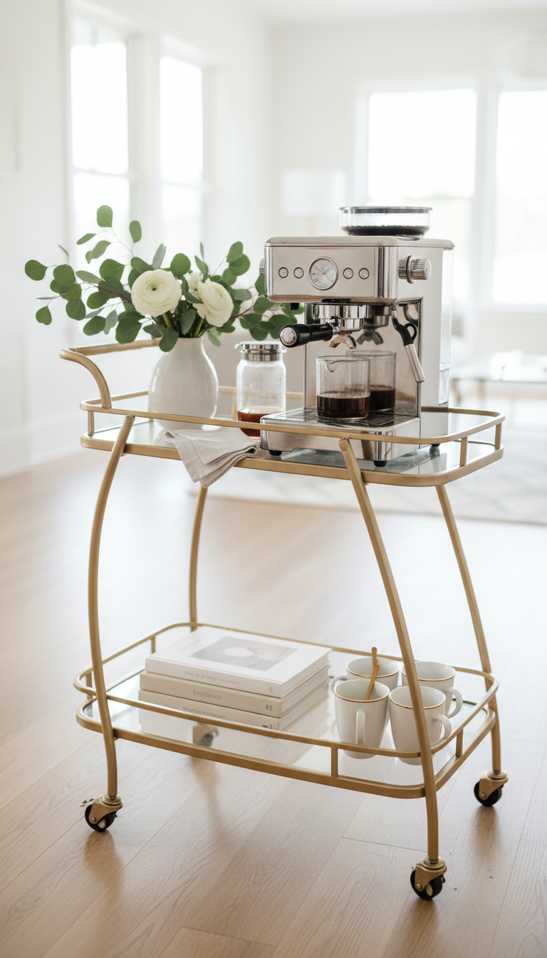 Vintage gold bar cart coffee station with espresso machine and mugs on hardwood floor