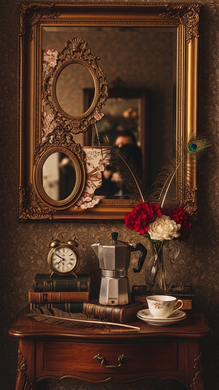 Vintage-inspired glam coffee bar with antique mirrors, ornate frames, and velvet accents on dark wood table