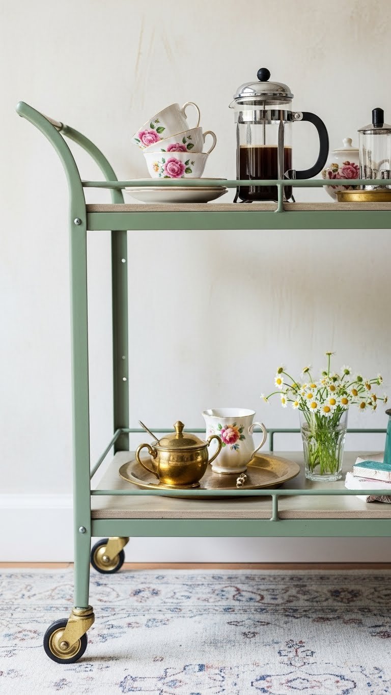Vintage metal bar cart painted sage green with floral teacups and French press