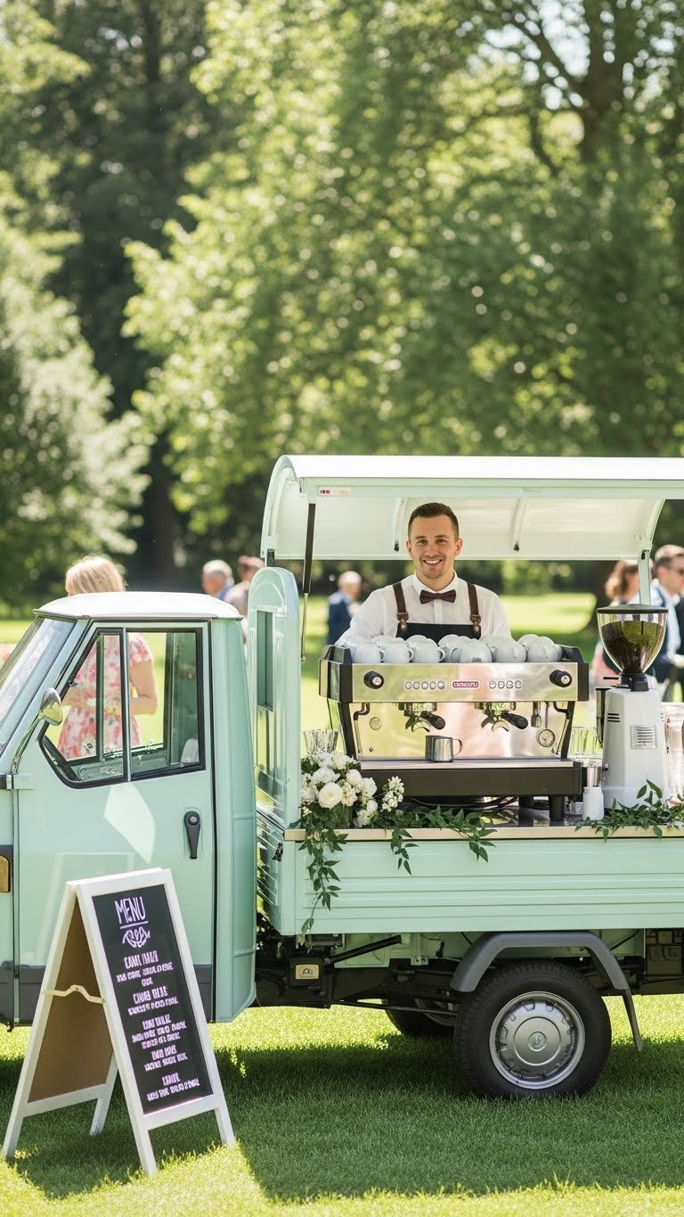 Vintage mobile coffee cart with Piaggio Ape truck serving espresso at outdoor garden wedding reception
