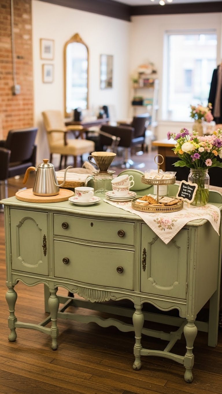 Vintage sage green buffet repurposed as coffee bar with antique accessories and rustic wooden floor in boutique salon.
