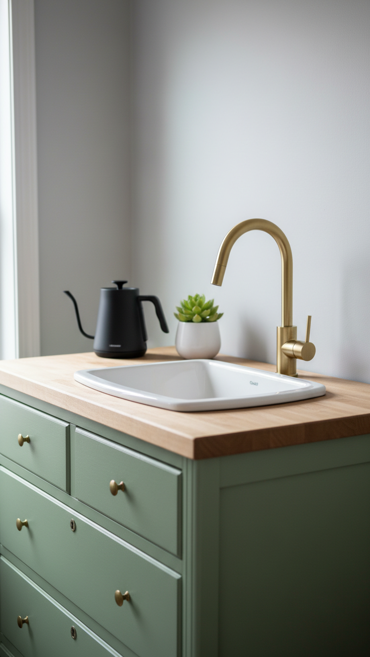 Vintage sage green repurposed cabinet coffee bar with white ceramic vessel sink and brushed gold faucet on butcher block