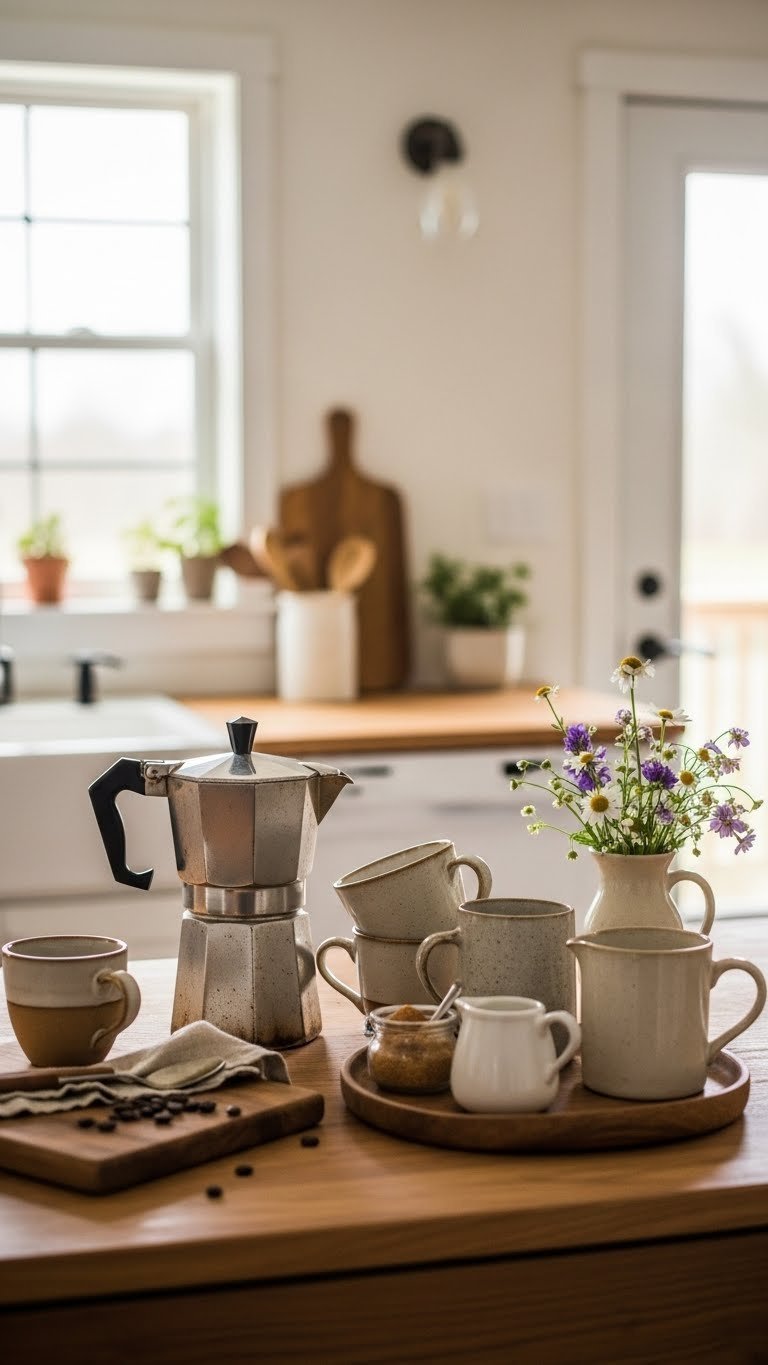 Vintage-style coffee maker with mismatched ceramic mugs, wooden tray, and wildflowers on rustic countertop