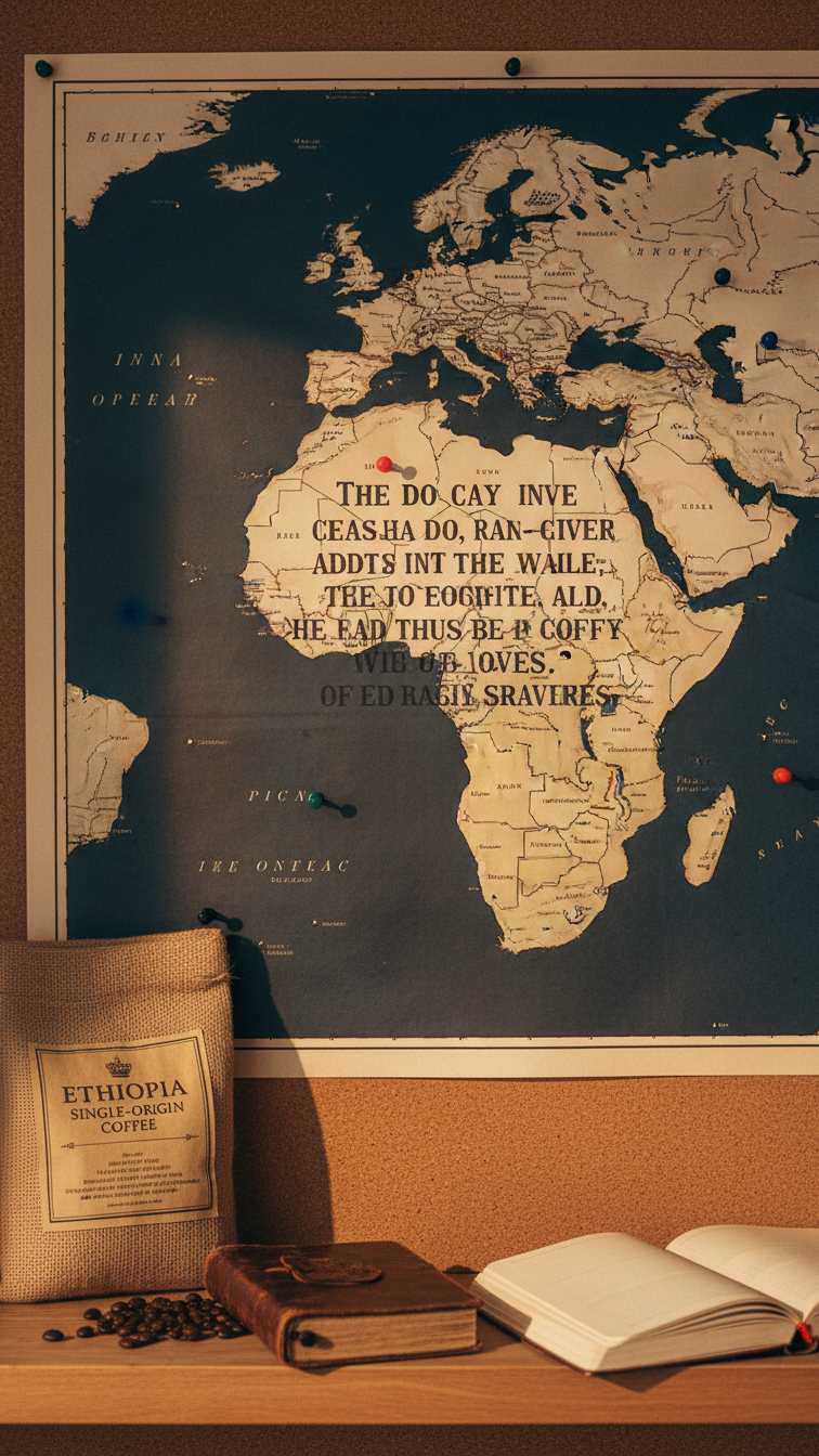 Vintage-style world map with 'Life is too short for bad coffee' quote on corkboard wall with push pins.