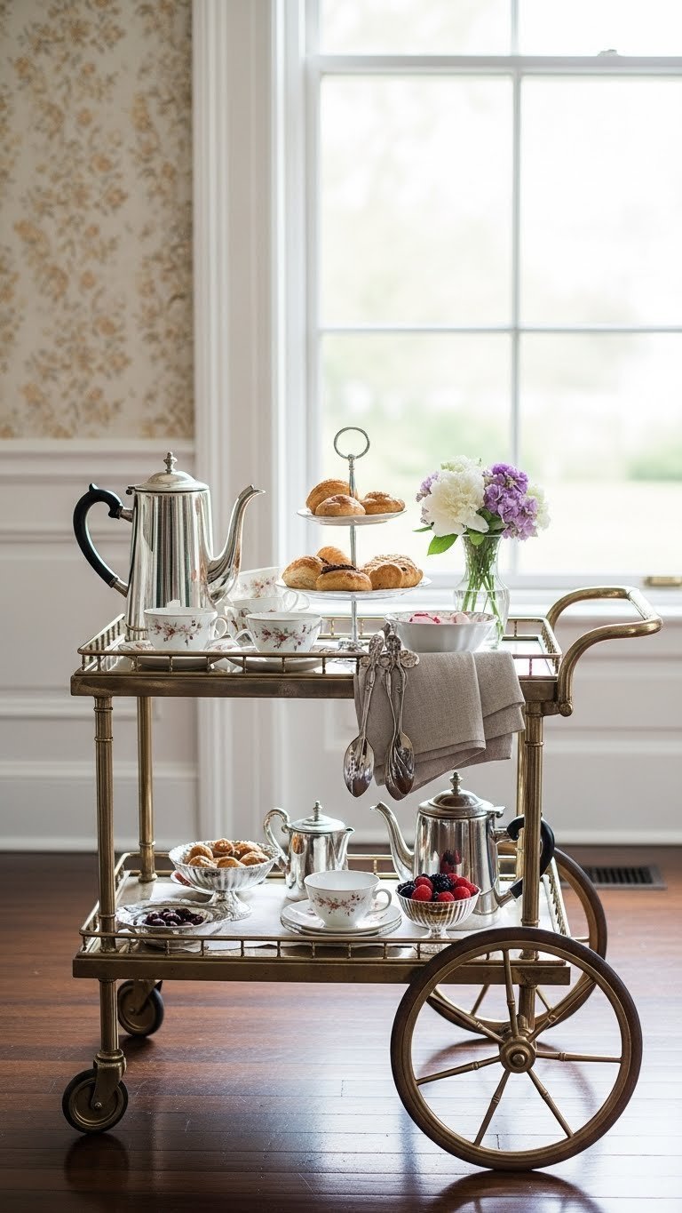 Vintage tea cart styled as portable Victorian coffee bar with silver coffee pot, tiered pastry stand, and delicate tea cups