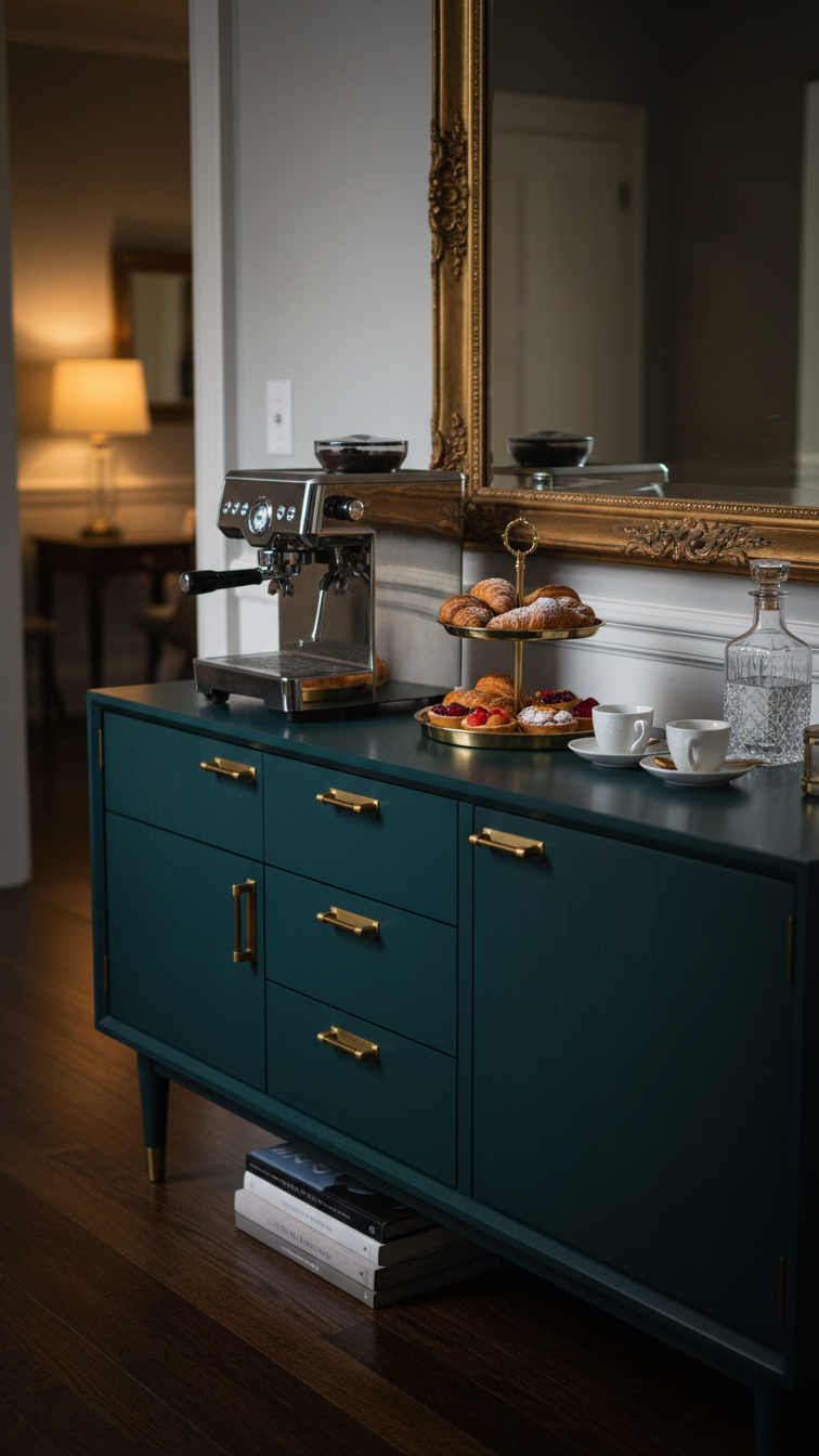Vintage teal sideboard coffee bar with brass hardware, chrome espresso machine, and ornate mirror