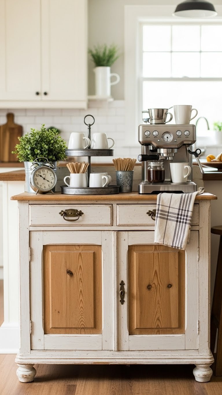 Vintage wooden farmhouse coffee bar with espresso machine, rustic mugs, and tiered tray on distressed wood with soft bokeh background