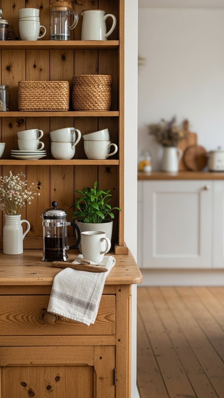 Vintage wooden hutch transformed into coffee station with ceramic mugs, French press, and wicker baskets on rustic shelves