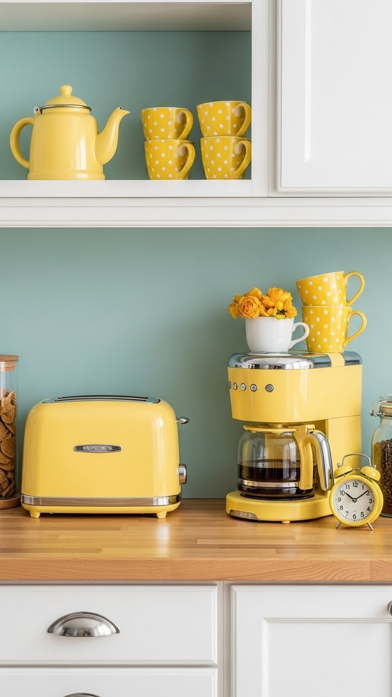Vintage yellow coffee bar appliance setup with retro-style coffee maker on butcher block countertop