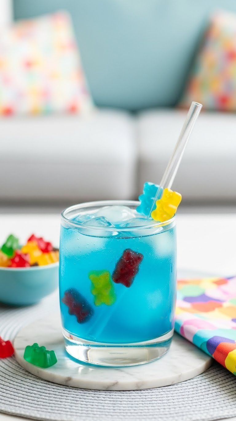 Vivid blue gummy bear mocktail with colorful candy in tumbler glass for playful presentation