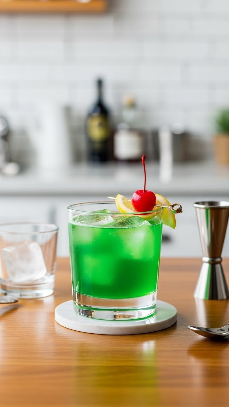Vivid green Midori Sour cocktail in rocks glass with cherry garnish on white coaster bar setting.