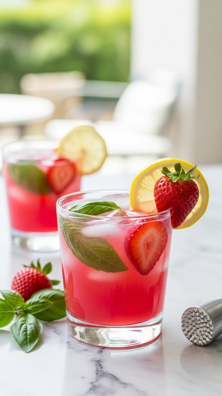 Vivid pink strawberry basil lemonade in glass tumbler with muddled strawberries, basil leaves, and lemon slices on marble countertop