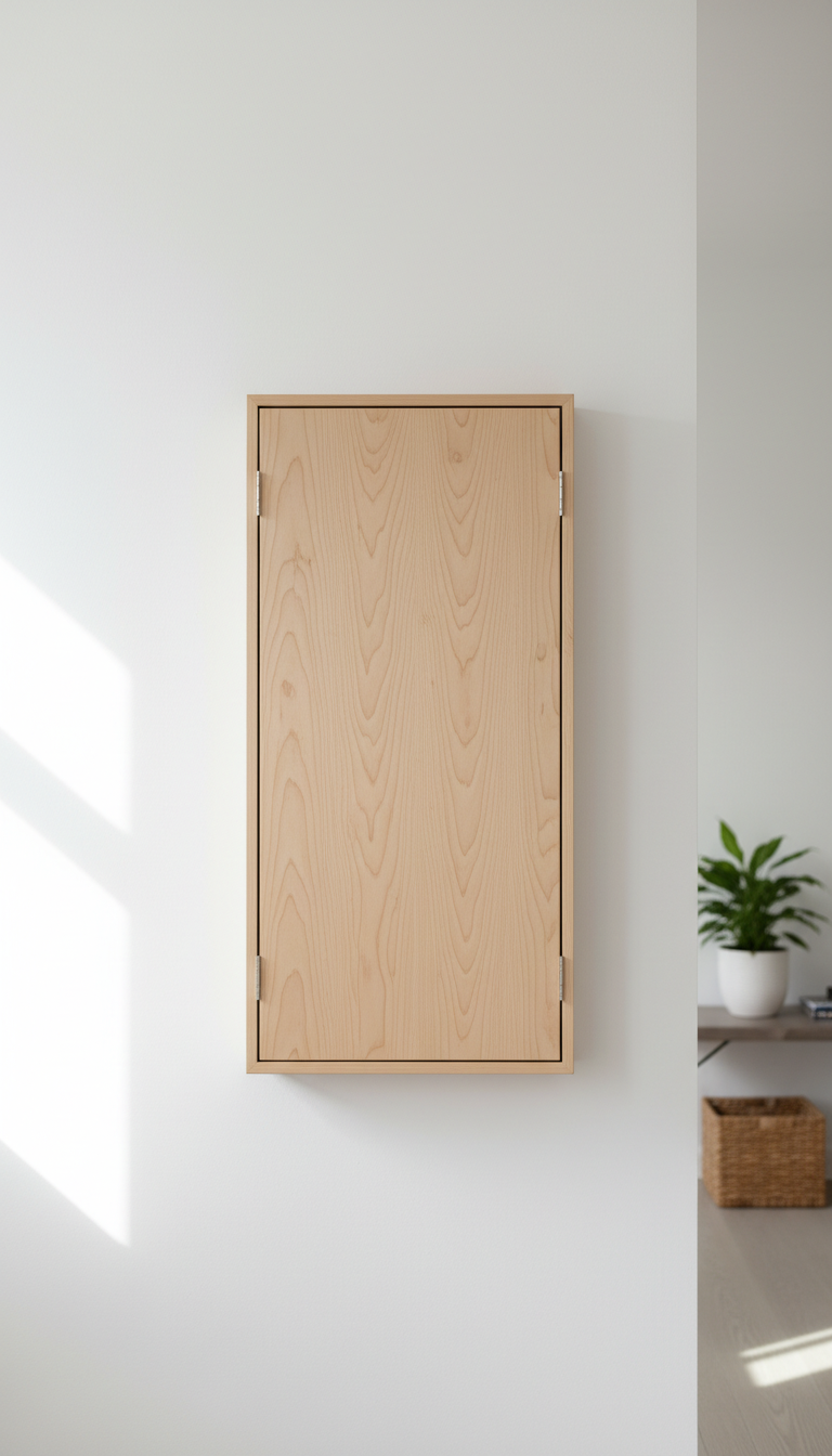 Wall-mounted Murphy coffee bar with sleek wooden cabinet and brushed nickel hardware on white wall