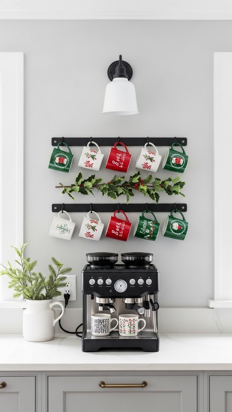 Wall-mounted black metal mug rack with festive Christmas mugs hanging from hooks above coffee machine on light gray wall.