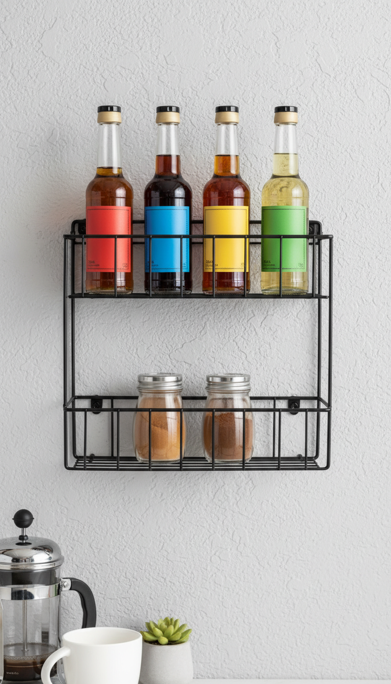 Wall-mounted black wire spice rack holding coffee syrup bottles and shakers on gray wall