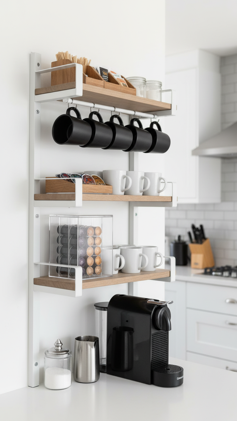 Wall-mounted coffee bar shelving system with multiple tiers, mug hooks, and vertical storage organization